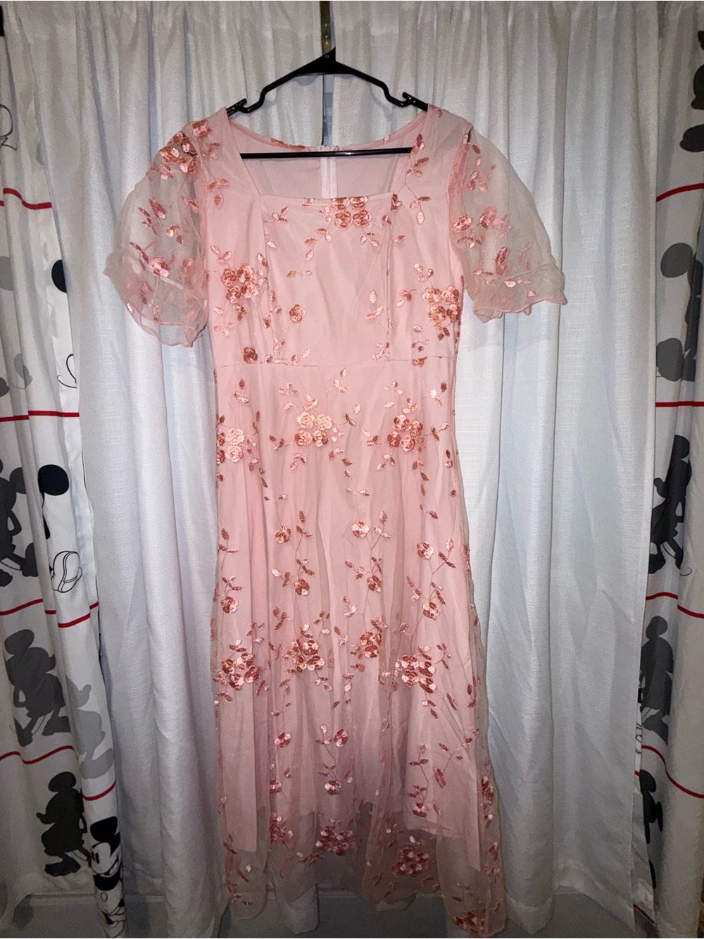 Blush Pink Embroidered Floral Mesh Midi Dress Size L